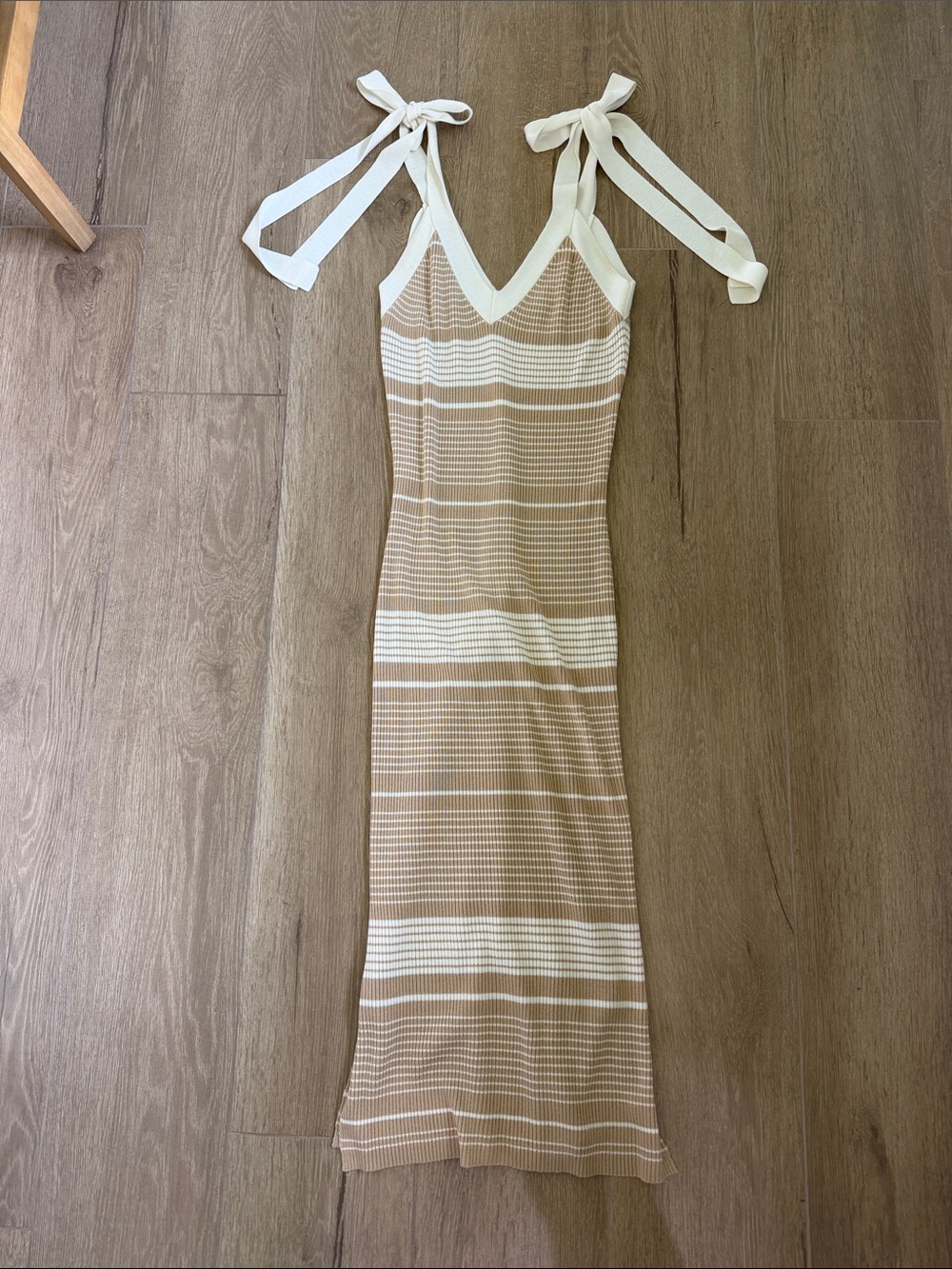 Vici Beige and White Striped Tie-Shoulder Midi Dress